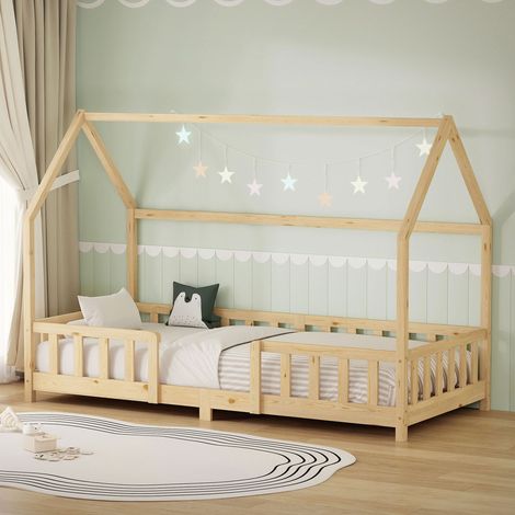 ML-Design Cama Infantil 90x200 cm en Forma de Casa, Madera Maciza de Pino Natural con Protección Anticaída, Techo y Somier de Láminas, Cuna de Suelo para Niños y Niñas, Juvenil Individual Montessori (1/5)