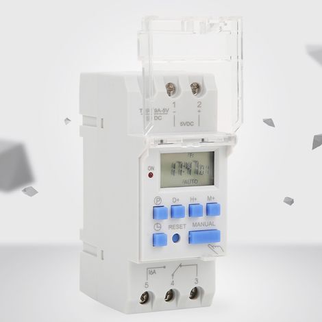 Minuteur hebdomadaire 5V DC 16A avec écran LCD, fonction marche/arrêt, compte à rebours et batterie amovible. (1/5)