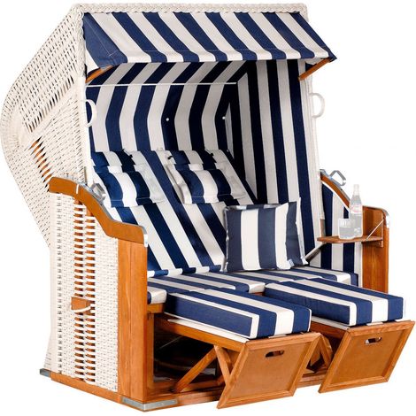 SunnySmart Rustikal Garten-Strandkorb 250 PLUS 2-Sitzer XL weiß/blau mit Kissen