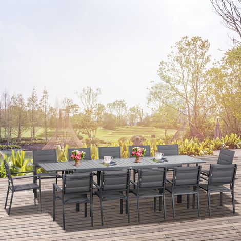 Ensemble de mobilier de jardin en aluminium et textilène avec table extensible pour 8/12 personnes et 12 chaises empilables, gris