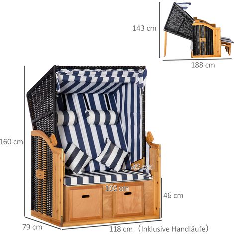 Transat double de plage réglable 5 positions, chaise longue duo avec parasol intégré, porte-verres, rotin synthétique, 118x79x160 cm (1/5)