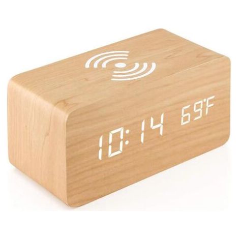 Sollbry Réveil en Bois avec Coussin De Charge sans Compatible avec pour Iphone Samsung Horloge Numérique LED en Bois Fonction De Contrôle du Son,Date Temps pour Le Bureau - Bois,1677cm (1/5)