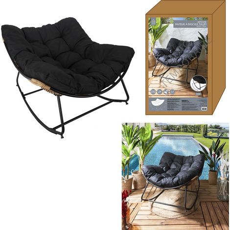 The Home Deco Factory – Fauteuil à bascule de jardin en bois – Coussin rembourré – Marron et noir – Confort optimal pour terrasse et jardin