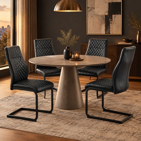 Rundes Esstisch-Set 107 cm mit 4 schwarzen Rautenstühlen, MDF und Metall, Industriestil (1/5)