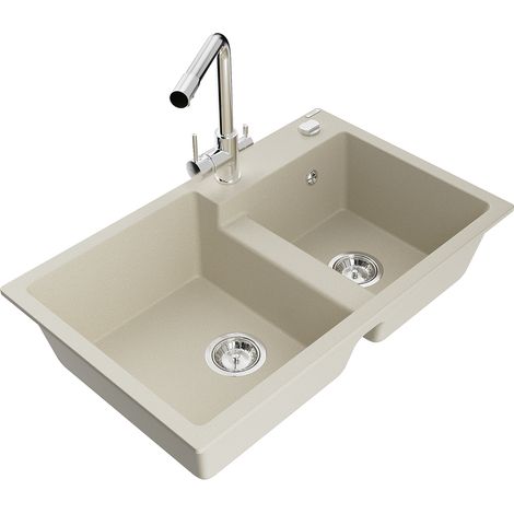 Mexen Tomas fregadero de granito de 2 compartimentos con grifo de cocina Duero, beige - 6516-69-671600-00 (1/5)