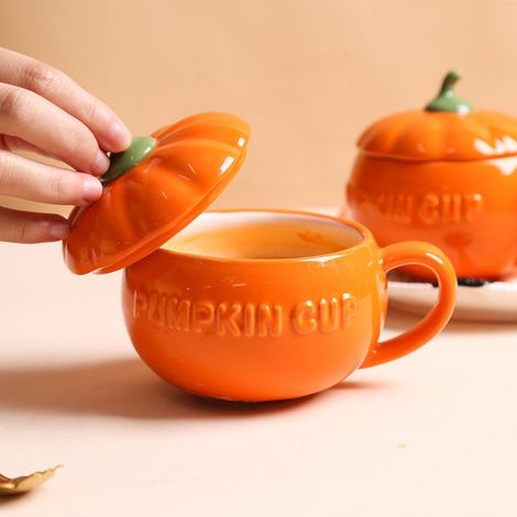 Pumpkin-shaped ceramic mug with lid, halloween decorations, halloween pumpkin mug(300ml) (1/4)