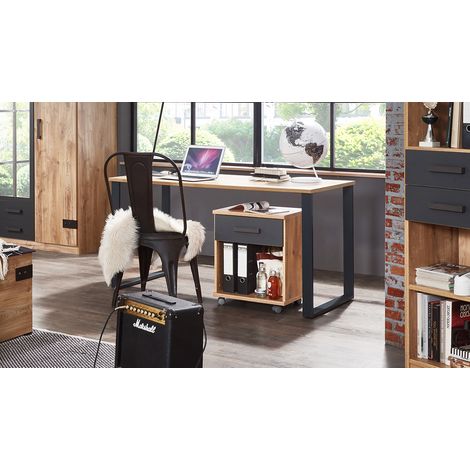 Bureau imitation chêne poutre, rechampis graphite -PEGANE-