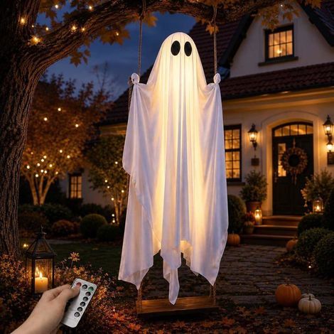 Décoration d'Halloween extérieure, Fantôme sur balançoire lumineux à suspendre, Effet lumineux LED commandé par télécommande (1/4)