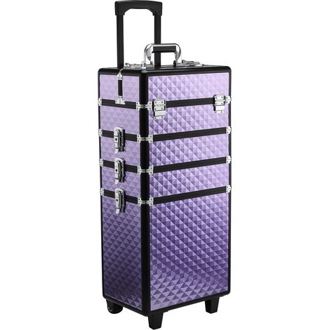 Valise de maquillage violette en aluminium avec roulettes et poignée extensible 33,5x23x76/95,5 cm, rangement professionnel design pratique pour voyage et travail