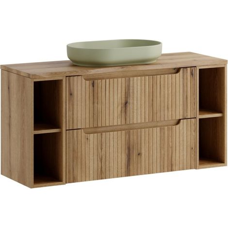 Set VANO Eichenholz hell 120cm: Unterschrank mit Schubladen und sichtbaren Nischen + Platte für Waschbecken + aufsatzwaschbecken oval