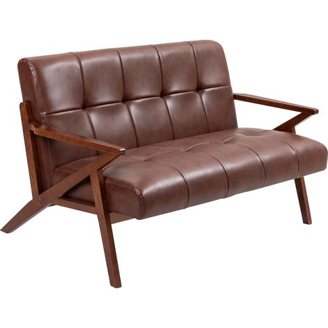 Compact 2 Seater Sofa, Vintage Tufted Loveseat Sofa with Solid Wood Legs, PU Lear Small Couch Settee for Living Room, Bedroom, Home Office, 133 x 81 x 78.5 cm, Brown (1/5)