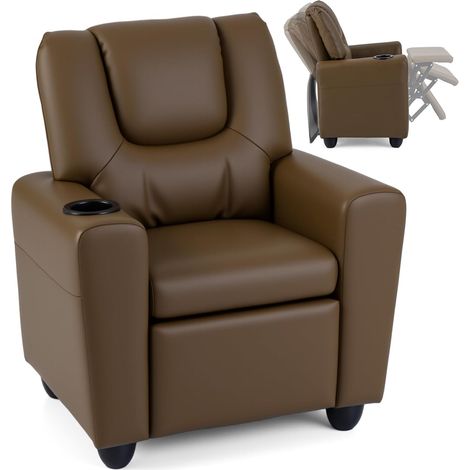 COSTWAY Poltrona Reclinabile per Bambini,Poggiapiedi Regolabile,Porta Bicchiere，3+ Anni，Caffè (1/5)