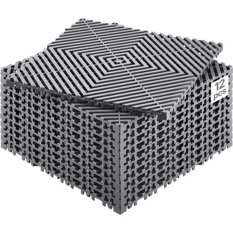 Tapis de drainage emboîtable, 310x310 mm, dalles de sol de drainage modulaire emboîtable, 12 pcs, coussin de sol à épisser en PP antidérapant gris, tapis de douche, pour garage, jardin, cuisine (1/5)