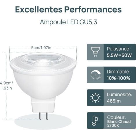 Ampoules LED GU5.3 MR16 12V, Blanc Chaud 2700K, 520LM, 36° Angle, Ampoules LED Spot 12V, Non Dimmable, Lot de 5