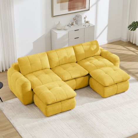 Canapé modulaire 3 places en U en chenille avec 2 ottomans jaune (1/5)