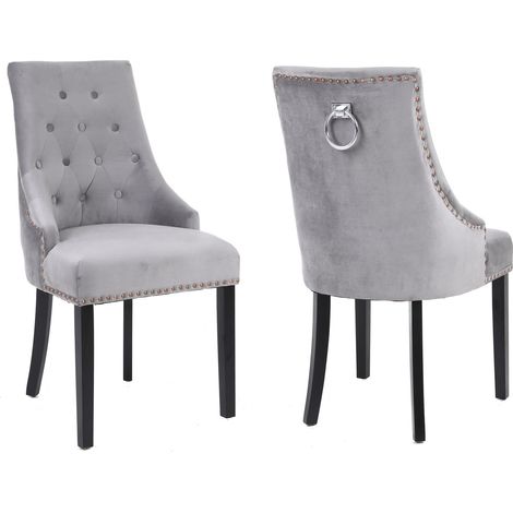 Neo 2x Grey Studded Velvet Dining Chair with Ring Knocker Detail (1/3)