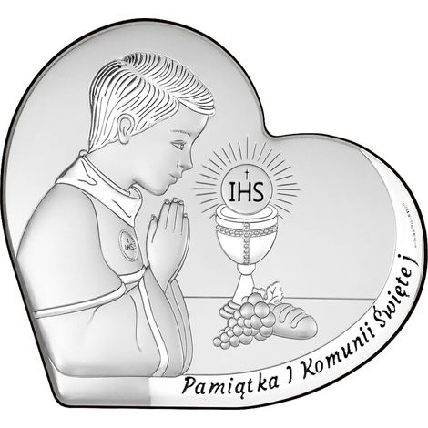 Cuadro de plata para niño. Recuerdo de Primera Comunión, corazón con grabado 6800-O, 8 x 7,5 cm. (1/5)