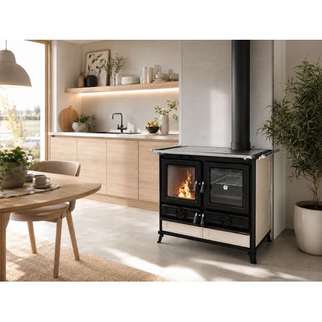Thermorossi – Cuisinière à bois en céramique 12.1 kW – Foyer en fonte – Capacité four 43 L – Pour bûches jusqu'à 45 cm – Classe énergétique A+