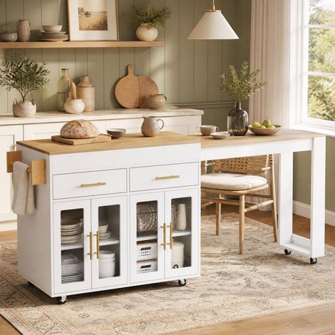 Mueble de cocina móvil con tablero extensible, barra integrada y almacenaje, MDF blanco HAVRYA (1/5)