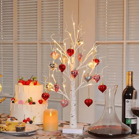 Arbre Lumineux En Bouleau - Lampe De Table Avec Ornements En Forme De Cœur - Alimentation Usb Ou Piles - 60 Cm - Pour Chambre À Coucher Ou Soirée Romantique - 1 Pièce (1/5)