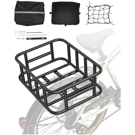 Cesta Trasera para Bicicleta Cesta Mediana con Red de Carga Forro y Funda Impermeable Cesta Trasera Resistente para Bicicleta para Llevar Frutas, Comestibles, Herramientas de Montaje Incluidas (1/5)