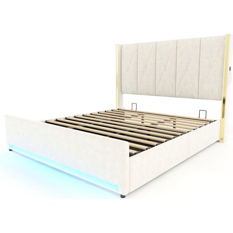 Letto contenitore in velluto beige 180x200 cm, testiera imbottita, USB Type-C e LED (1/5)