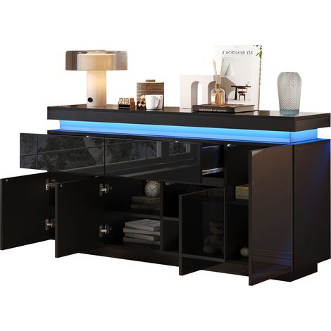 ELVMI Aparador con 4 Puertas, 2 Cajones, 10 Compartimentos, Estantes Ajustables y LED, Salón, Negro, 140 x 35 x 72.5 cm (1/5)