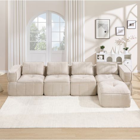 Sofá modular chaise longue 4 plazas 344/162 cm beige de poliéster con puf y asiento profundo (1/5)