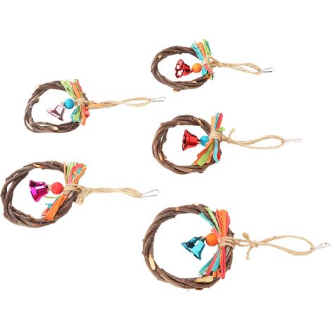 Lot de 5 jouets à mâcher pour perroquets, comprenant une clochette décorative et des anneaux pour cage. (1/5)