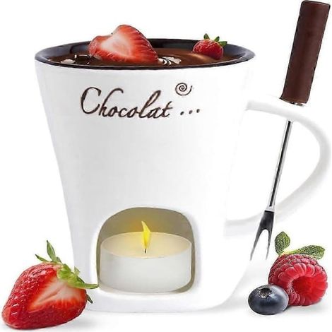 Mug à fondue au chocolat, tasse à café, mug à fondre le chocolat avec fourchette, chauffe-fondue, mug à bonbons, pot à fondue wh blanc (1/5)