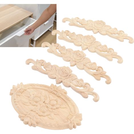 Dekorative Holzapplikation im europäischen Stil, exquisite Verarbeitung, geschnitzte Intarsien, Eckschranktürdekoration - Gummibaumholz, 5-teilig (4 längliche 20x5cm, 1 runder 21x15cm) (1/5)