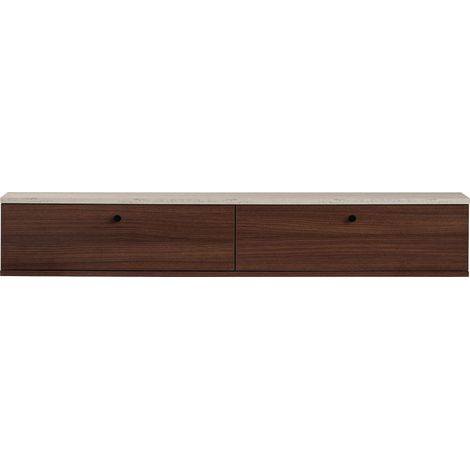 Meuble tv suspendu 2 portes en bois et effet travertin L160cm - Bois foncé - Yara (1/5)