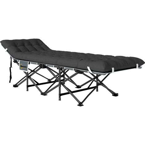 Lit de camping pliable noir avec matelas, portable, sac de transport, pieds antidérapants 190x60x35cm