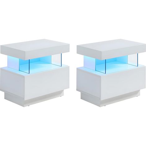 Comodino 1 cassetto e 1 nicchia Con LED MDF Bianco laccato - Lotto di 2 - FABIO II