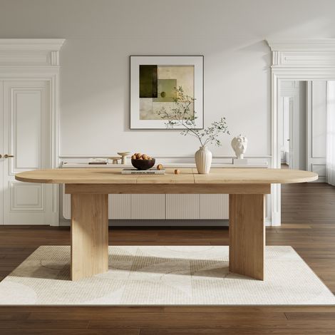 Table à manger extensible 140-180x90x75 cm pour 6-8 personnes, coins arrondis, plateau épais, style simple, MDF, Effet chêne