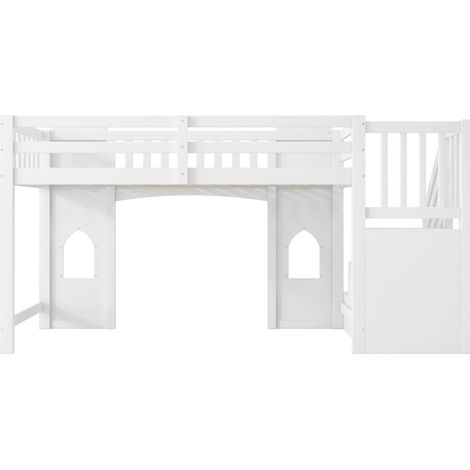 Hochbett 90 x 200 cm mit Stauraumtreppe und Fenstern, weiß (1/5)