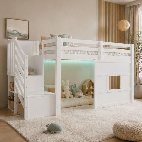 Lit mezzanine 90 x 200 cm en MDF blanc avec escalier de rangement, fenêtre et LED (1/5)