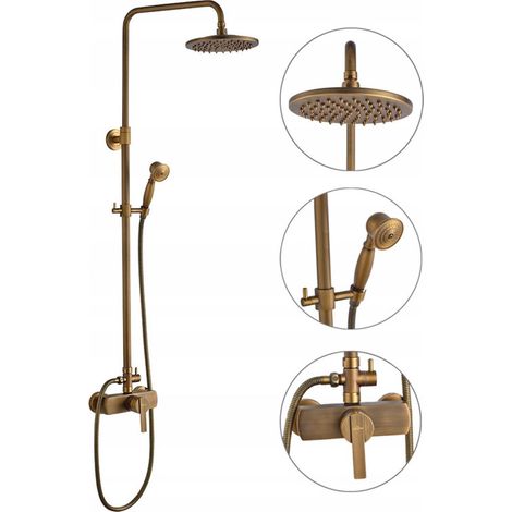 Auralum Max Duschsystem Komplettset aus Massives Kupfer, 20cm runder Messing Regendusche und Handbrause, höhenverstellbare Messing Duschstange, 150cm Brauseschlauch，korrosionsbeständiges antikes Dusch (1/5)