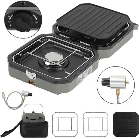 Wolketon Barbecue a gas da campeggio a 2 fuochi, fornello portatile con piastra antiaderente e griglie cromate, sicurezza fiamma, cucina da esterno