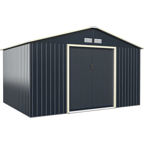 Hangar de stockage métallique gris 11 x 8 pieds, cabane de jardin avec 2 coulissantes verrouillables, 4 aérations, remise pour outils extérieurs (1/5)