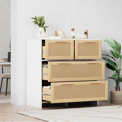 Credenza in rattan 4 cassetti 80 x 80 x 38 cm in MDF e legno naturale e bianco HAVRYA (1/5)