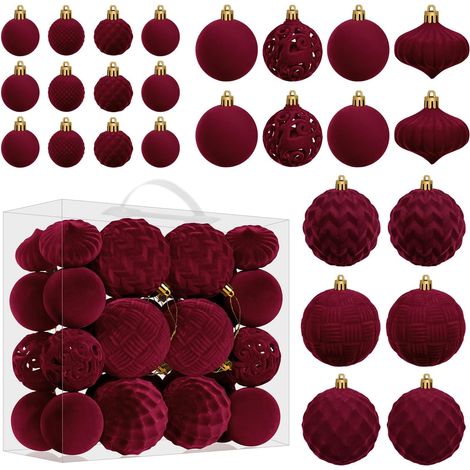 Velvet Christmas Ball Ornaments Set - 46 PC Plastique Boules d'arbre de Noël Tailles Assorties pour la décoration de la Maison de Vacances d'hiver (Bourgogne) (1/5)