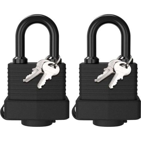 Deux cadenas en laiton étanches, cadenas en acier laminé résistant aux intempéries pour l'extérieur, quatre clés, adaptés aux casiers, salles de sport, garages, clôtures, noirs. (1/4)