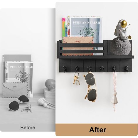 JF HOME BLISS Key Holder for Wall with 6 Hooks & Mail Shelf Rustic Wooden Key Rack Wall Mounted Entryway Organizer for Keys Mail Sunglasses for Hallway Kitchen Office Bedroom (Black) (1/5)