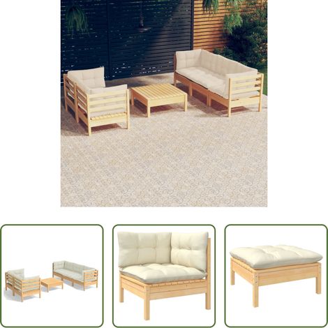 Terrassenlounge - 6-tlg. Garten-Lounge-Set mit Creme Kissen Kiefernholz (1/5)