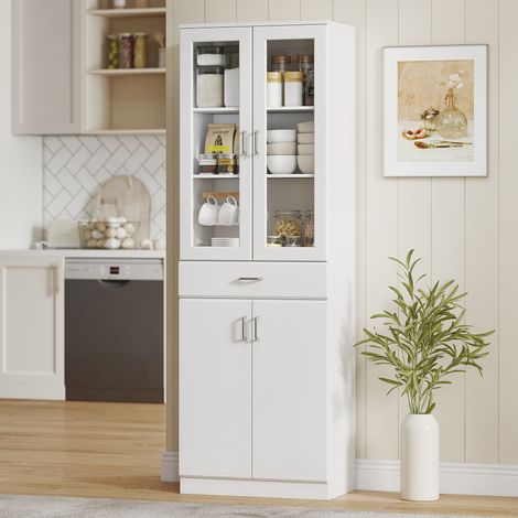 Buffet Haut Armoire de Cuisine 4 Portes 2 Verre Tiroirs Étagères Réglables 60x35x180cm Blanc