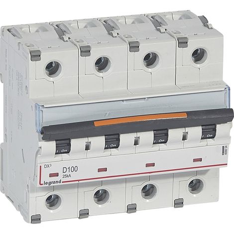 Disjoncteur DX³ 25kA arrivée haute et départ bas à vis 4 Pôles 400V 100A courbe D 6 modules LEGRAND 409854 (1/2)