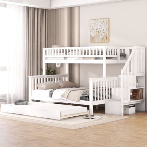 Letto a castello 253x240x160 cm, con letto estraibile, vani contenitore, 15 doghe, legno di pino, bianco (1/5)