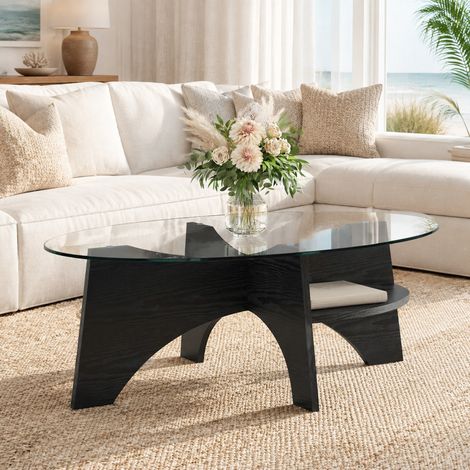 Tavolino ovale in vetro temperato, 104,9 x 60 x 35,6 cm, struttura MDF nera DESVIAE (1/5)