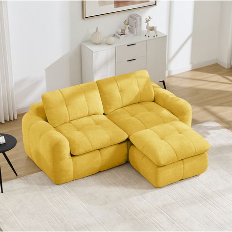 Canapé modulaire d’angle sans dossier, 2 places, tissu chenille, jaune, avec ottomane (1/5)